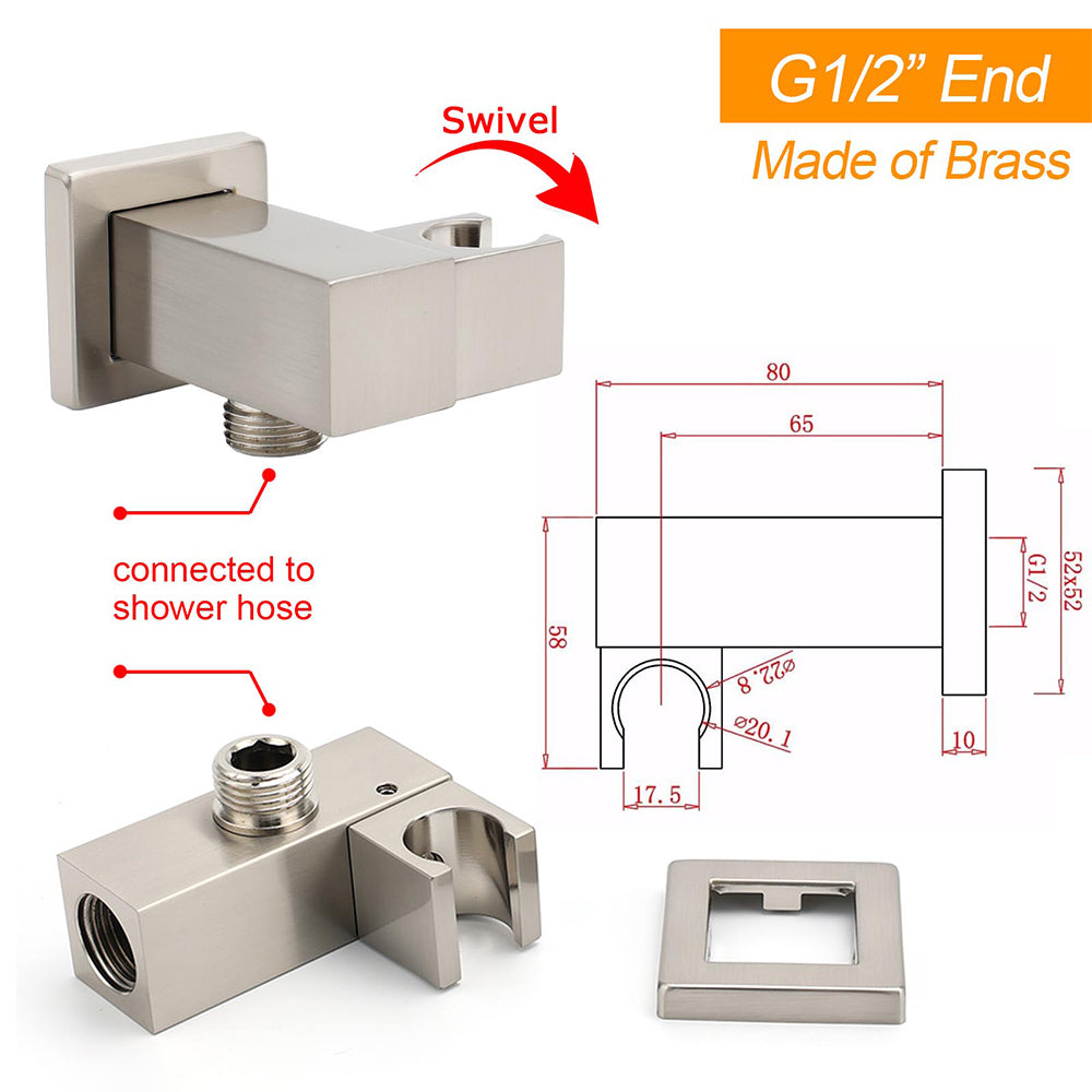 Brushed Nickel Square Bracket Flexible Shower Head Holder Wall Connector 1/2" End Thread
