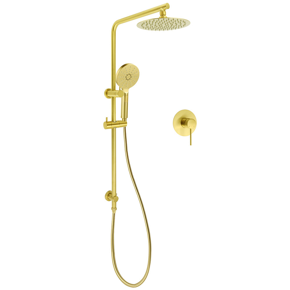 Brushed Gold Twin Shower Set 8" Round Head 3 Modes Handheld Sliding Rail Arm + Mixer