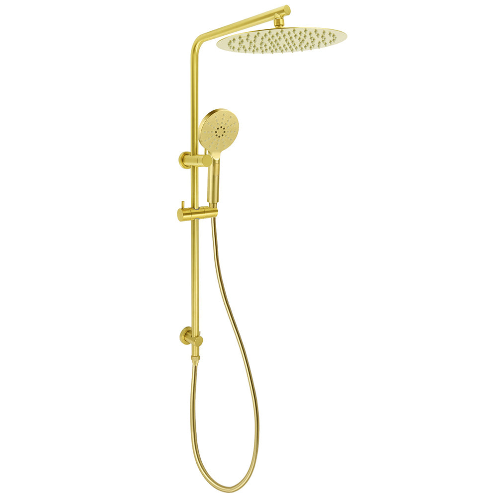 Brushed Gold Twin Shower Large Round 12" Rain Head Handheld Silde Wall Rail Arm