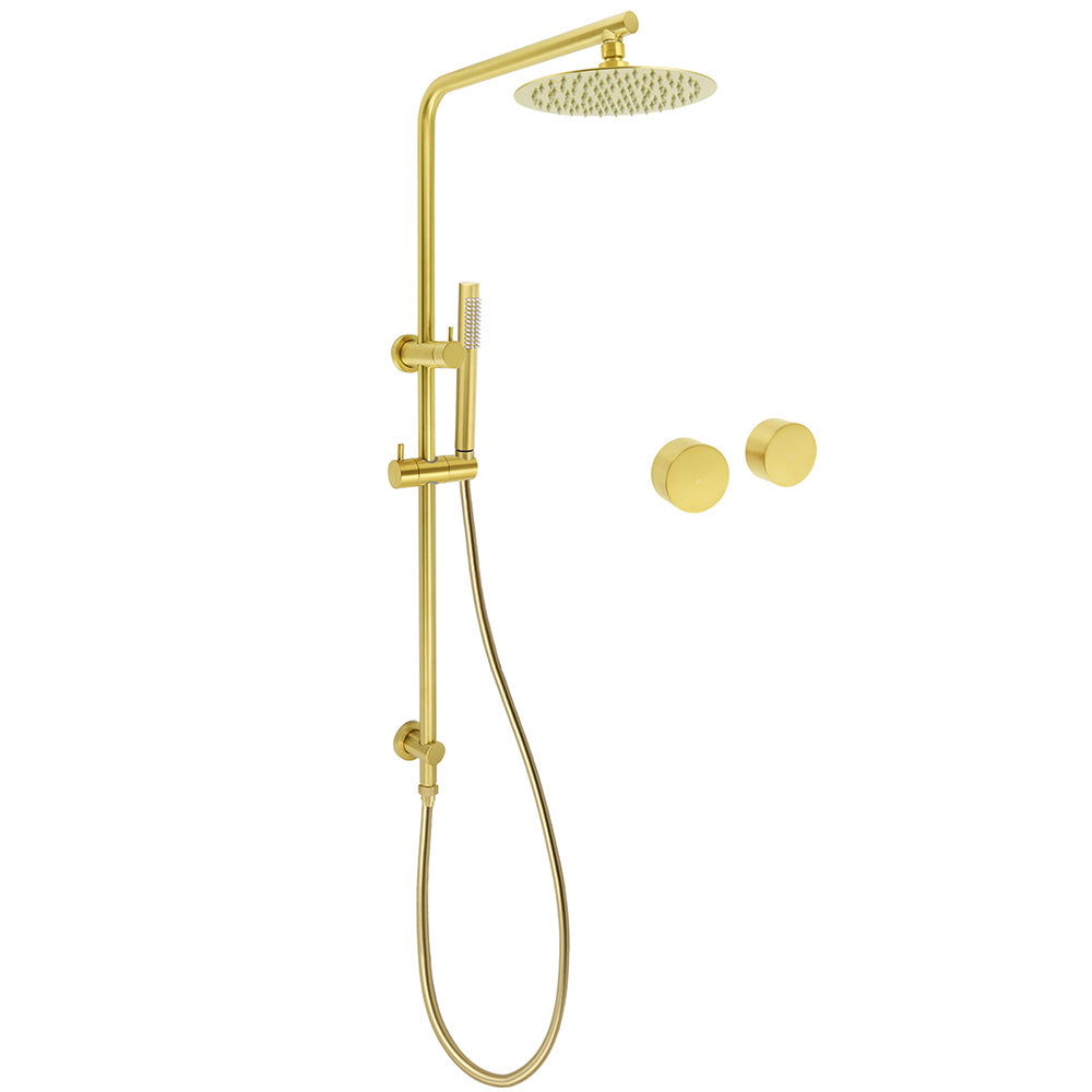 Brushed Gold Dual Shower Set 8" Round Head Ergonomic Handheld Sliding Rail Arm Twin Taps