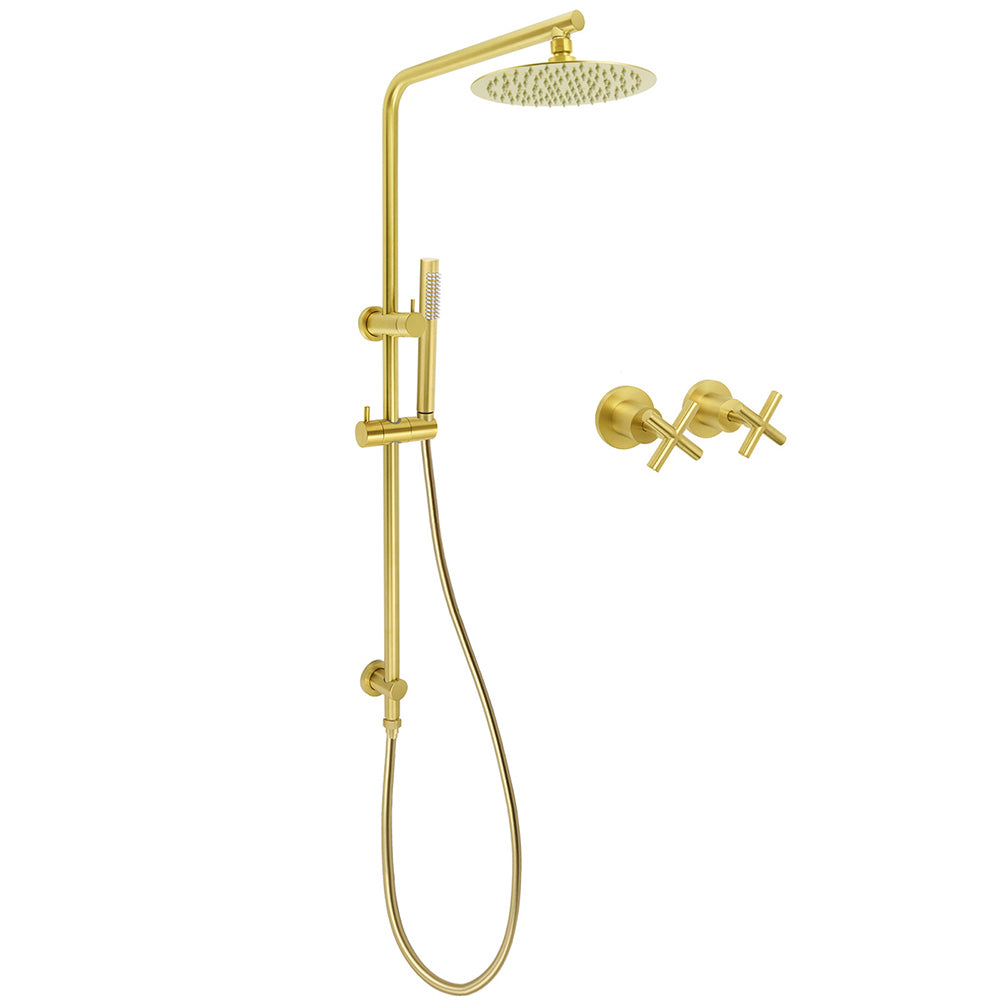Brushed Gold Twin Shower Set 8" Round Head One Mode Handheld Sliding Rail Arm Classic Mixer