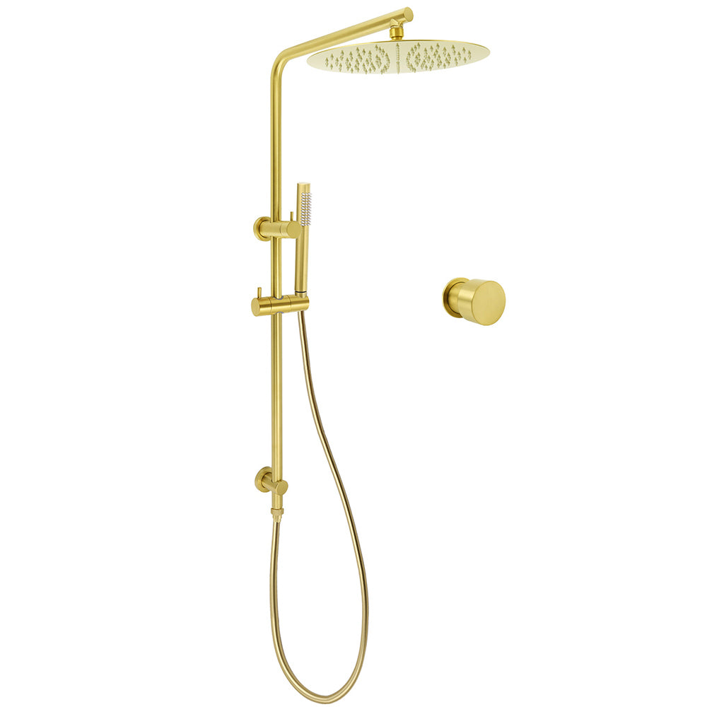 Brushed Gold Twin Shower Large Round 12" Rain Head Metal Rose Silde Wall Rail Arm Mixer Valve