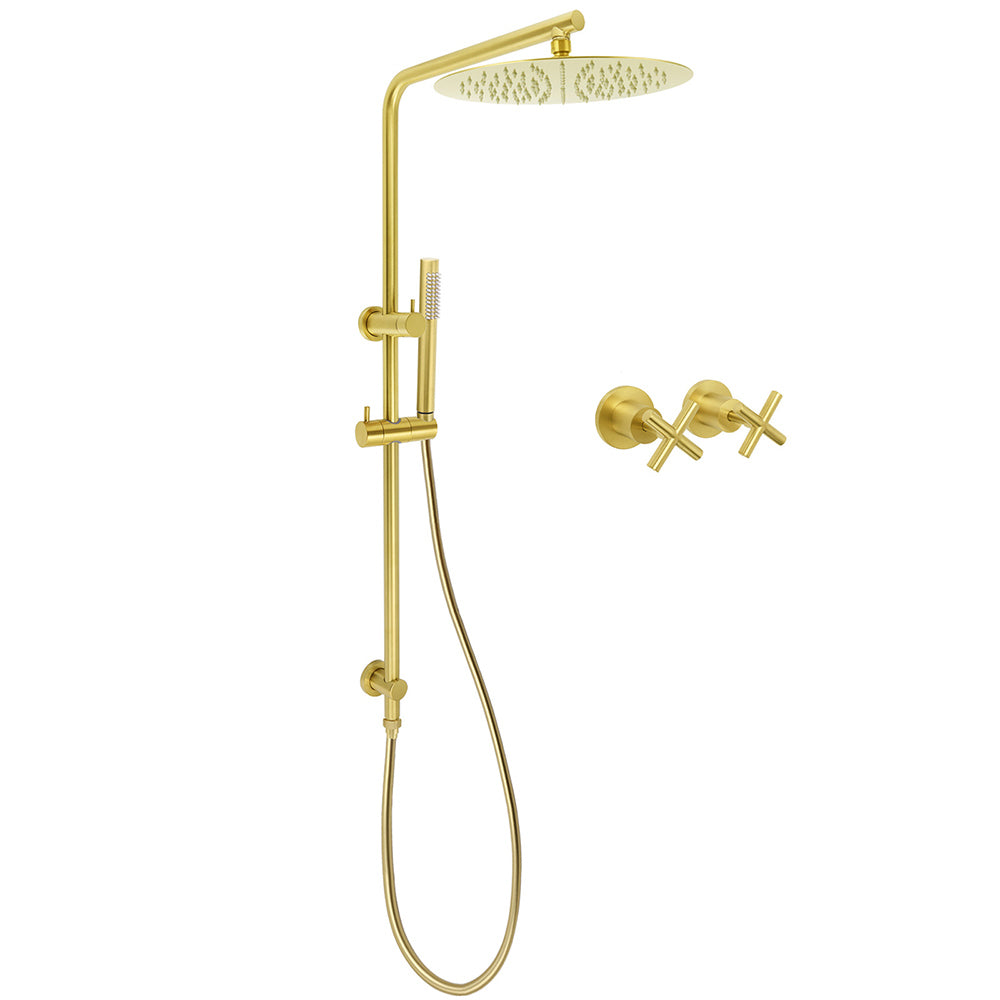 WELS Brushed Gold Twin Shower Large Round 12" Rain Head Metal Handheld Silde Wall Rail New Luxury Mixer