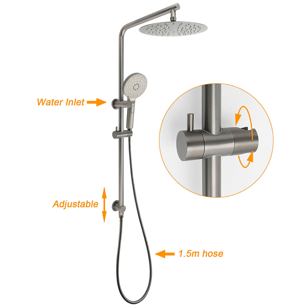 WELS Gun Metal Round 10" Twin Shower Head 3 Modes Handheld Slide Rail Hot Cold Taps Set