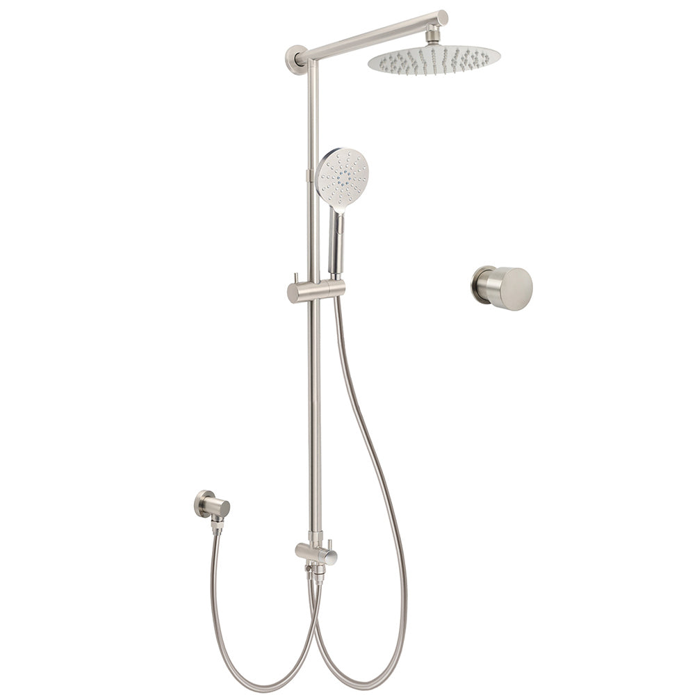 Brushed Nickel 8" Thin Rain Head Twin Shower Handheld Sliding Rail Arm Set With Mixer