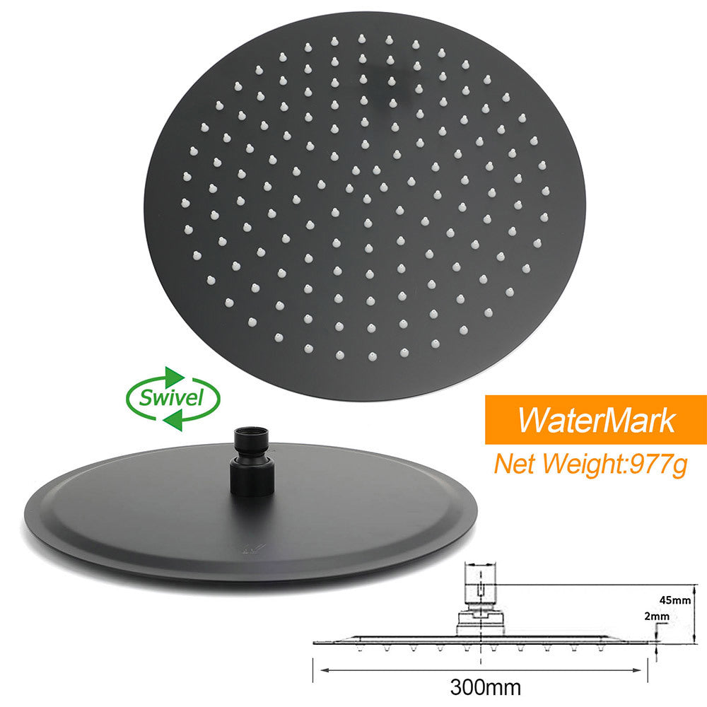 Matte Black Large 12" Round Shower Head Twin Set Stainless Steel Handheld Diverter Wall Rail Arm