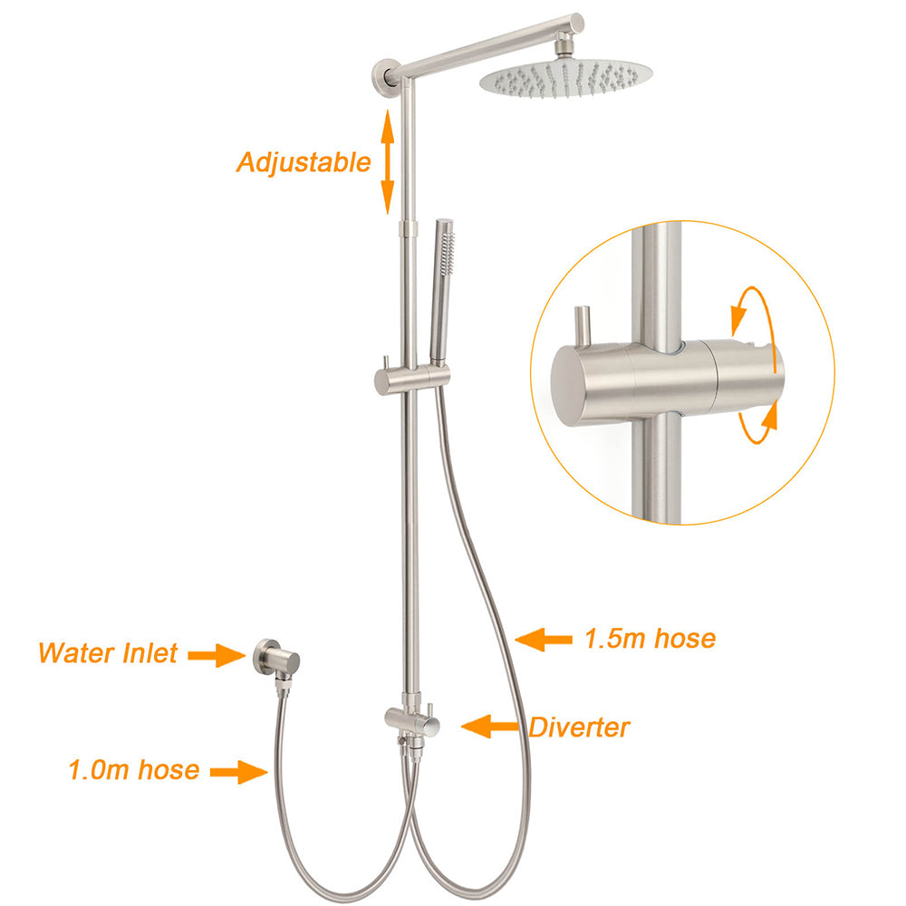 Brushed Nickel Round 8" Rain Head Shower 1 Mode Handheld Sliding Rail Arm Mixer 2in1 Set