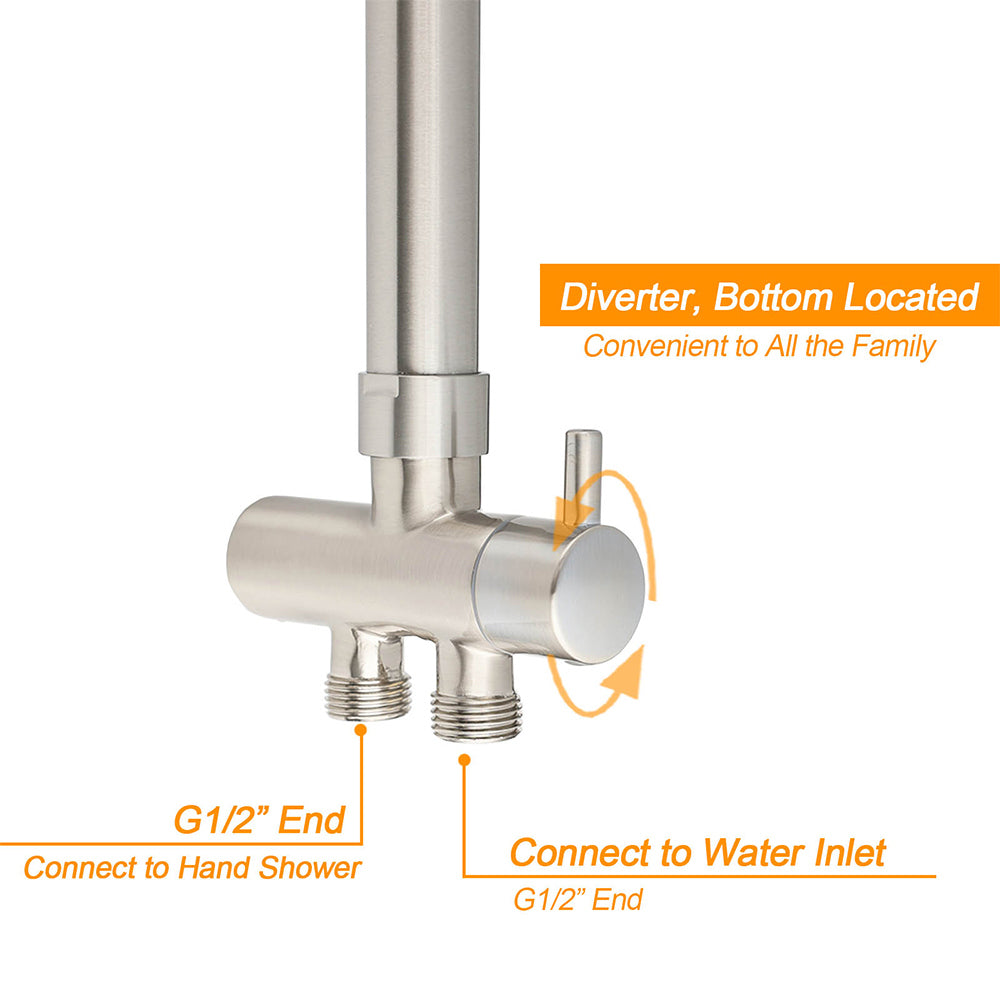 Brushed Nickel Dual Round 12" Stainless Steel Rain Shower Head Metal Handheld Sliding Rail Arm Set