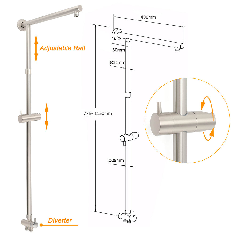 Brushed Nickel Round 12" SUS Rain Head Metal Handheld Shower Sliding Rail Arm Chrome Set + Twin Taps