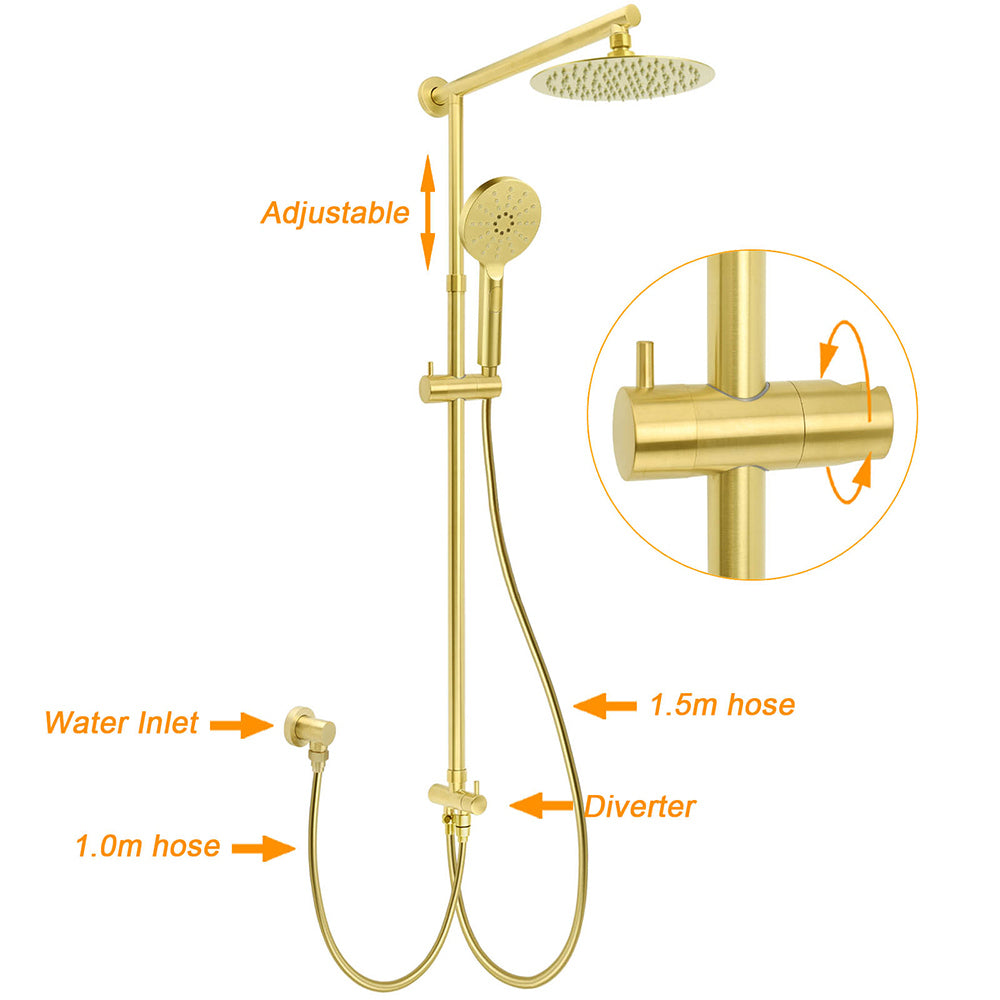 Brushed Gold Twin Shower 8" Round Head 3 Mode Handheld Rose Sliding Rail With Mixer Set