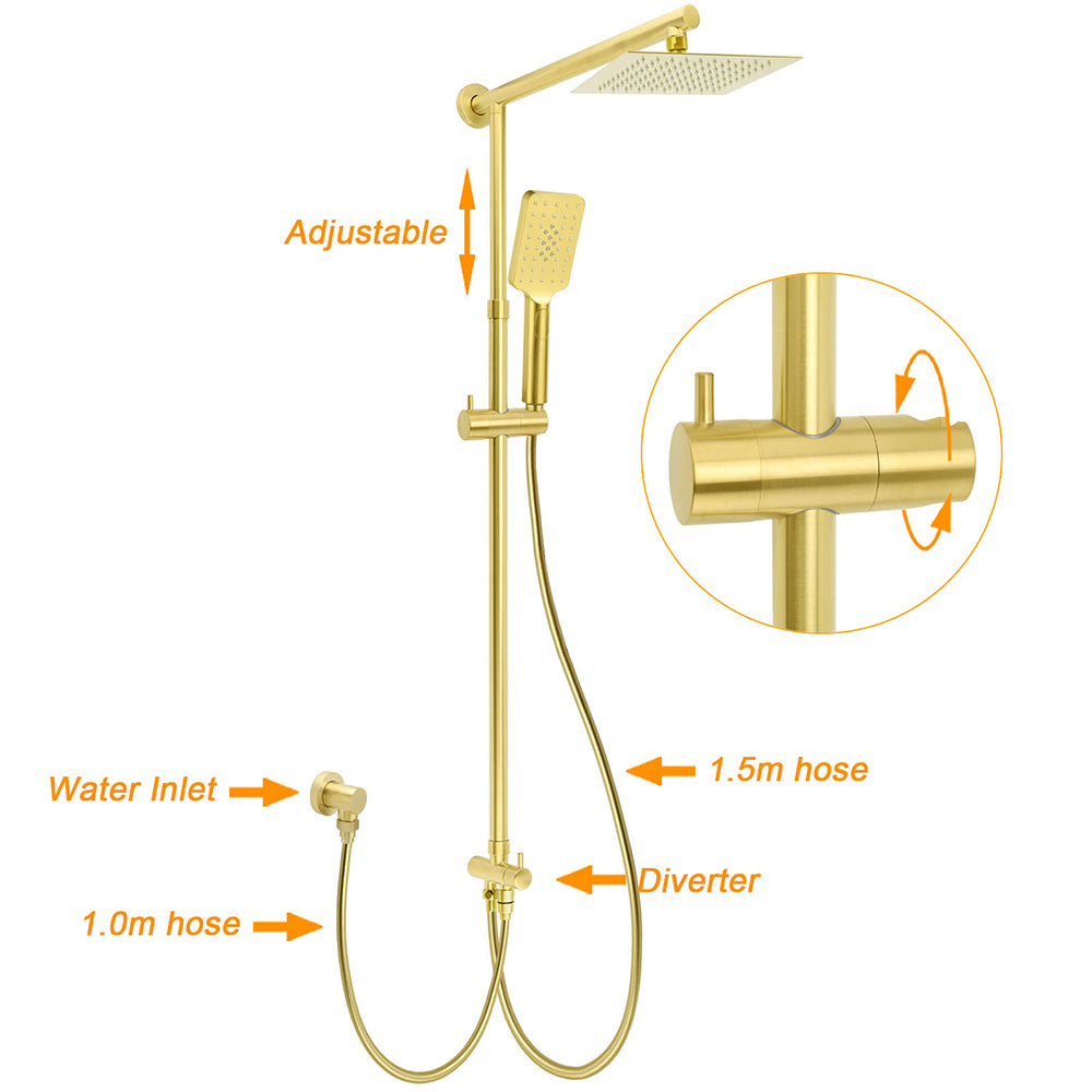 WELS Brushed Gold Square 8" Rain Shower Head 3 Mode Handheld Sliding Rail Arm Dual Mixer Set