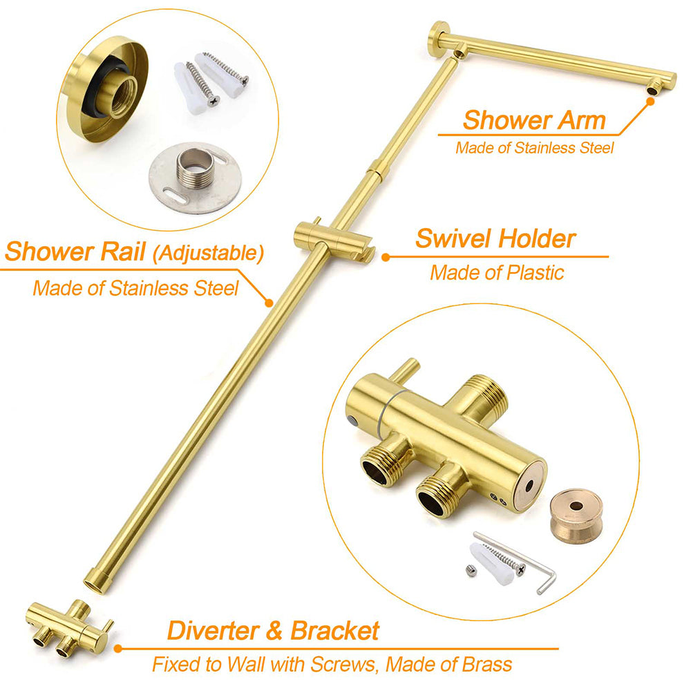 Brushed Gold Square 10" Rain Head 3 Mode Handheld Sliding Rail Wall Arm Dual Shower Taps Set