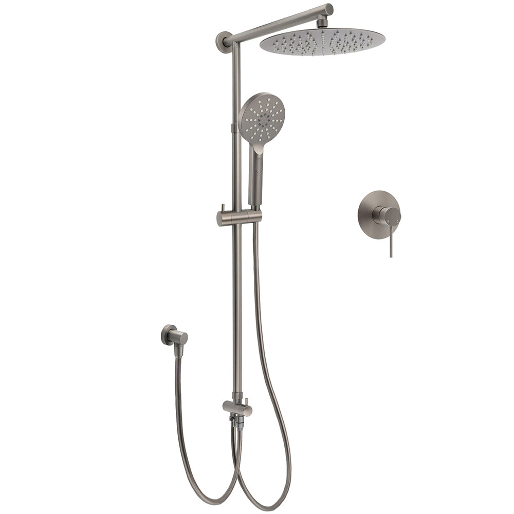WELS Gun Metal Double Round Shower 10" Rain Head 3 Mode Handheld Sliding Rail Mixer Valve Set