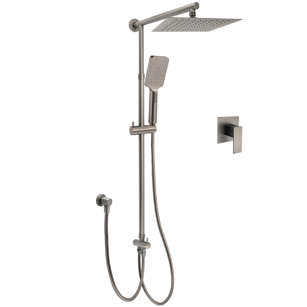 WELS Gun Metal 2in1 Shower Set Square 10" Rain Head Handheld Silde Rail Hot Cold Mixer