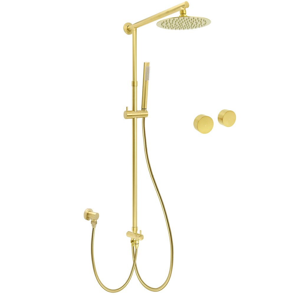 WELS Brushed Gold 2in1 Shower 8" Round Head Set Stainless Steel Handheld Rose Sliding Rail Twin Taps