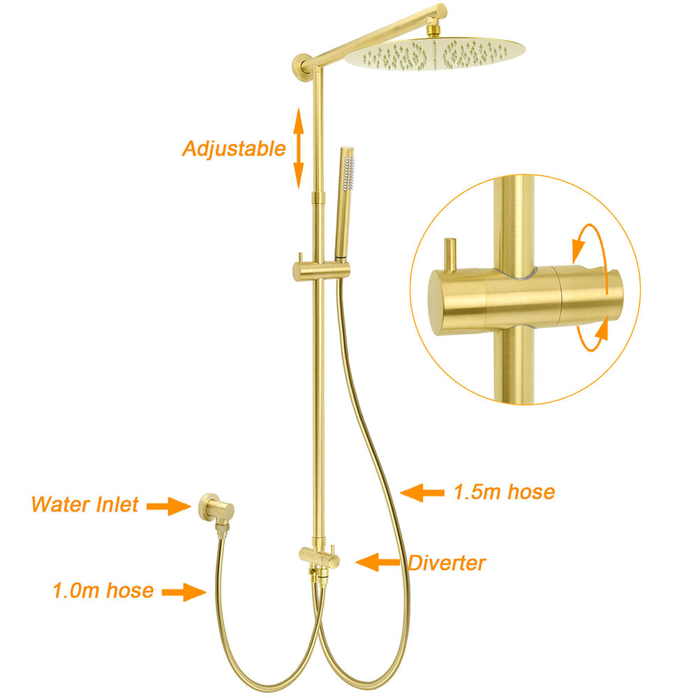 Brushed Gold 12" Large Shower Head One Spray Mode Handheld Rose Sliding Rail Arm Round Mixer Set