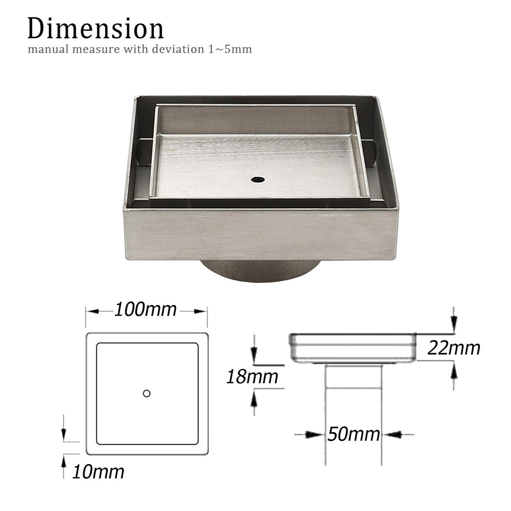 Stainless Steel 100mm Square Tile Insert Shower Grate Floor Drain 50mm Outlet