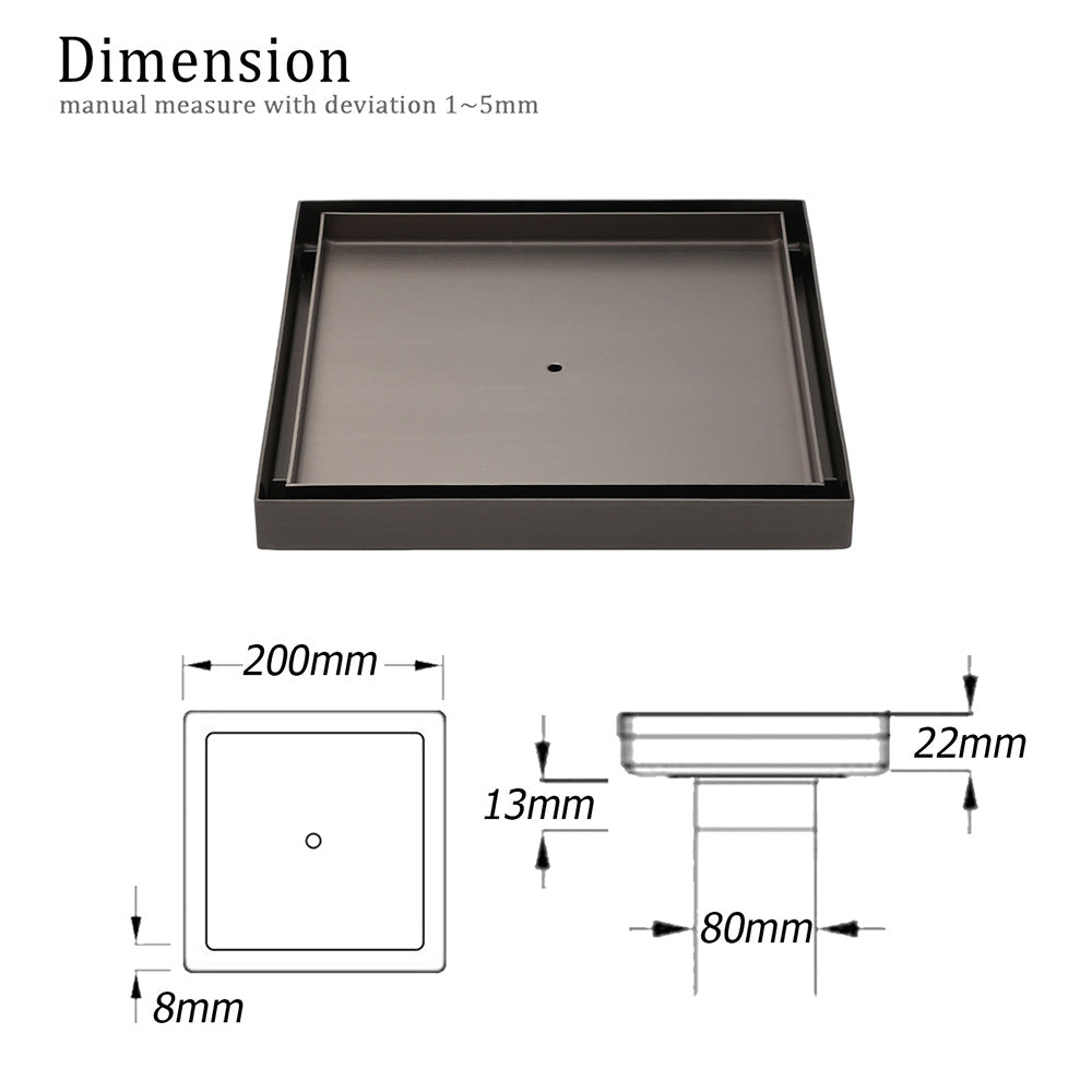 Gun Metal Large Square 200x200mm Tile Insert Floor Drain Shower Grate 80mm Waste