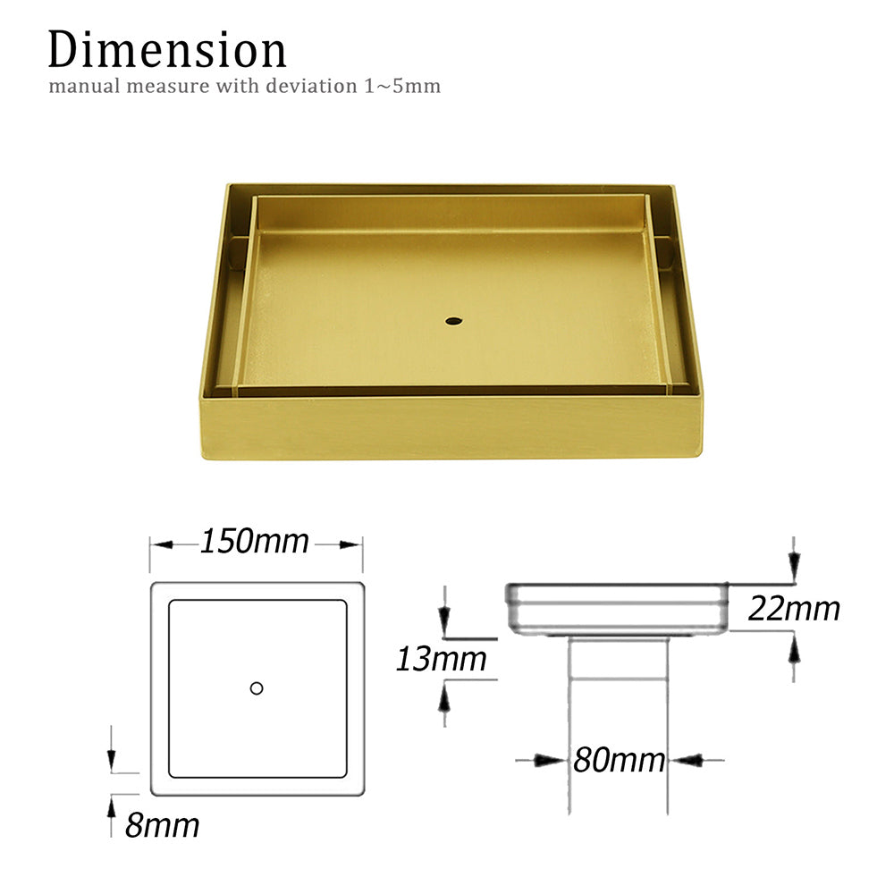 Brushed Gold 150x150mm Tile Insert Floor Drain Shower Grate 80mm Waste Watermark