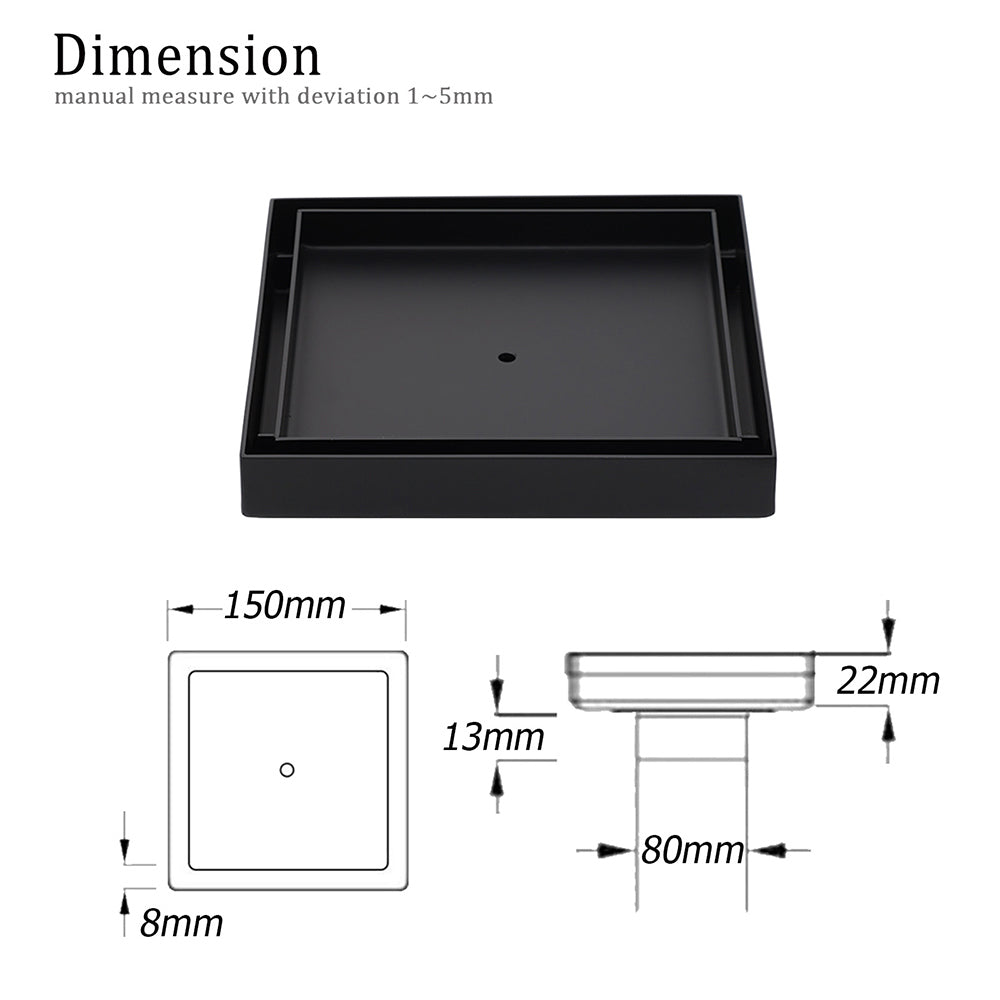 Watermark Black 150x150mm Tile Insert Floor Drain Shower Grate 80mm Waste Outlet