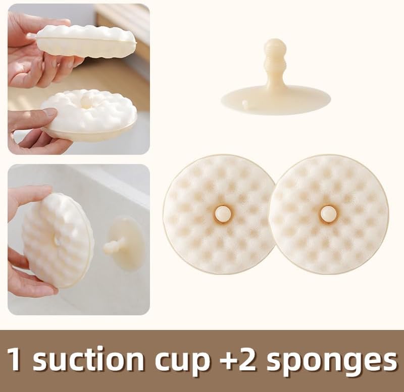 Double-sided dishwashing brush - Sponge brush with suction cup - 1 base + 2 refillable sponges - Scratch-free kitchen brush - Beige
