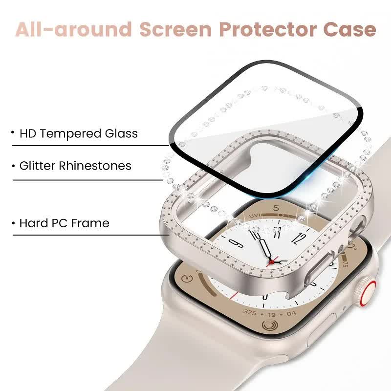 Diamond Glass Compatible with Apple Watch Case 45/41/40 mm 44 mm 42 mm 38 mm Bling Bumper+ Screen Protector iwatch Series 9 8 7 3 6 SE Red Series 789 45MM