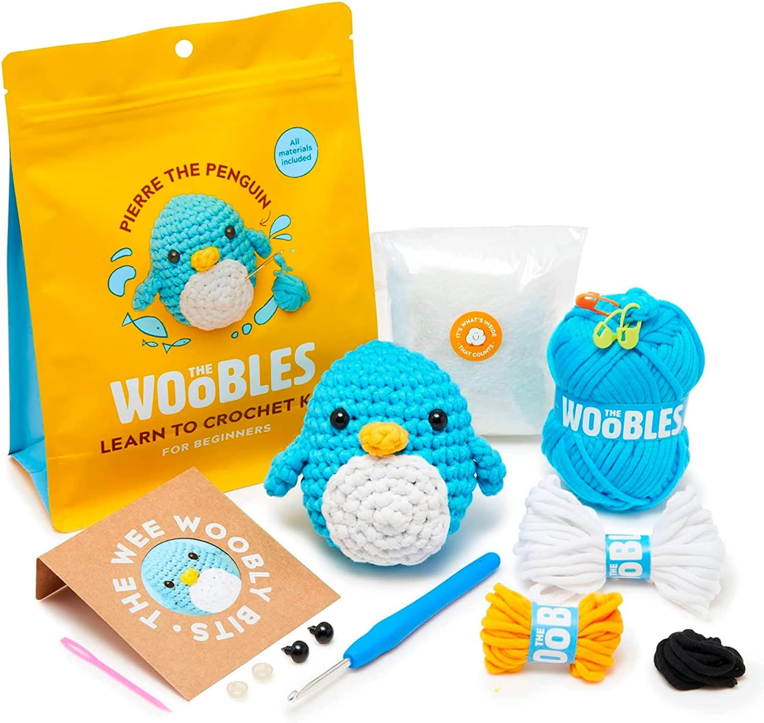 Woobles crochet set for beginners in simple pea yarn, as seen on Shark Tank Penguin