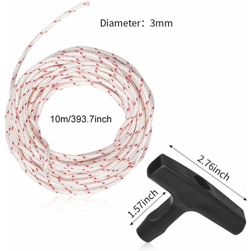 10 Meter 3.0mm Starter Cord with 3 Start Handles for Lawn Mower Chainsaw Trimmer Brushcutter Engine Parts