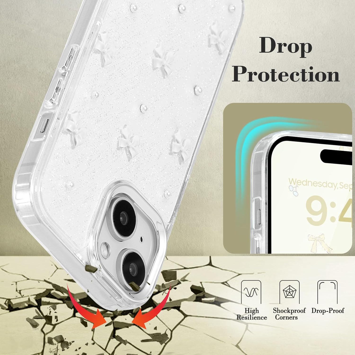 Mobile Case Compatible with iPhone 14 Plus, 3D Bowknot Mobile Case, Cute Transparent Bowknot, Thin, Soft and Durable, White White iPhone 14 Plus