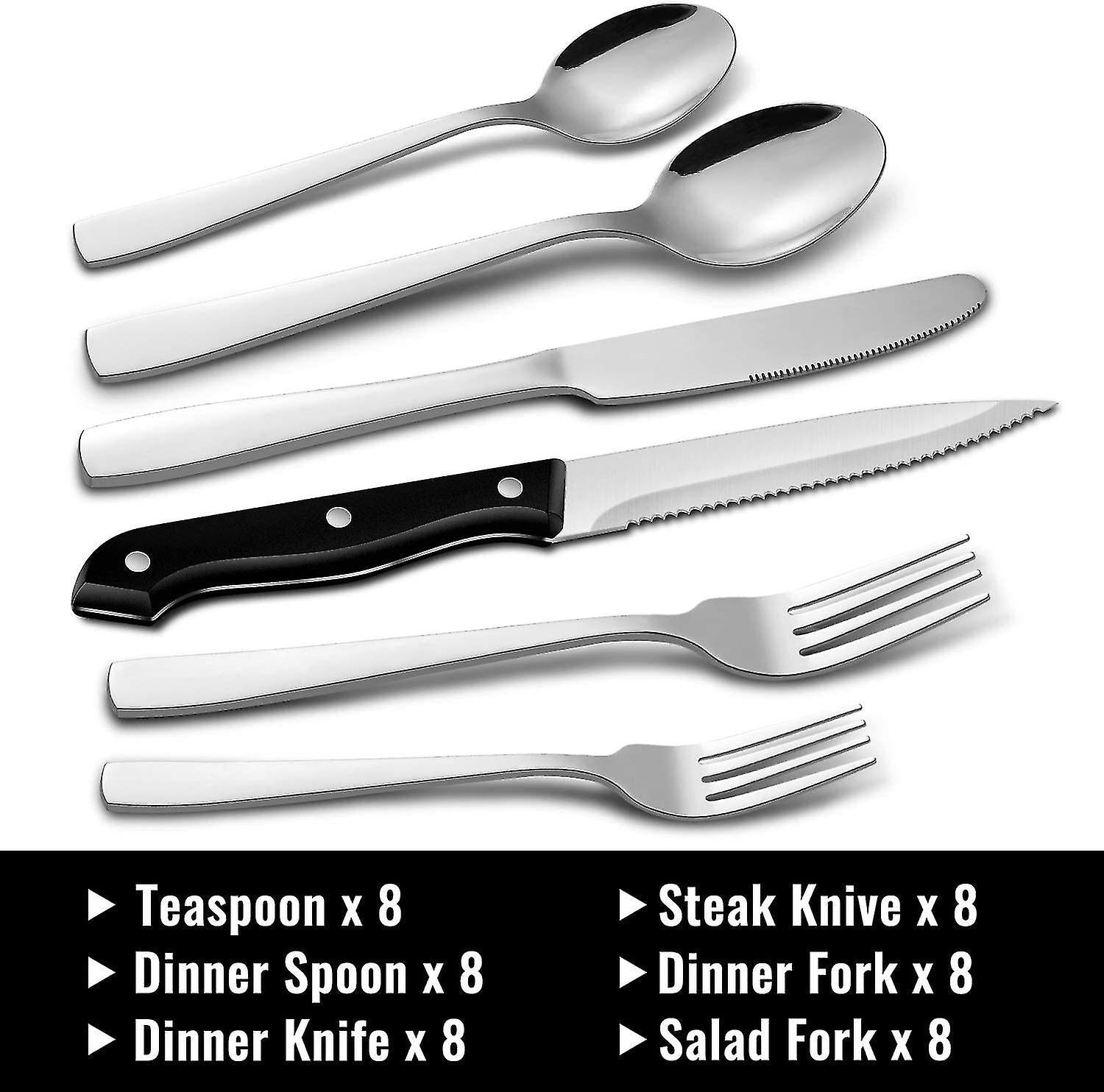 Stainless Steel Cutlery Set for 8 People with Steak Knives - 48 Pieces for Home, Kitchen, Restaurant