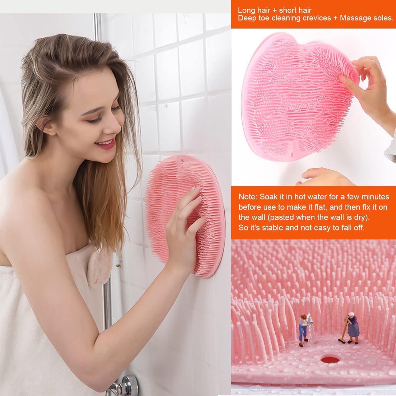 2-pack shower back and foot scrubber, wall-mounted back scrubber silicone bath massage brush with suction cups