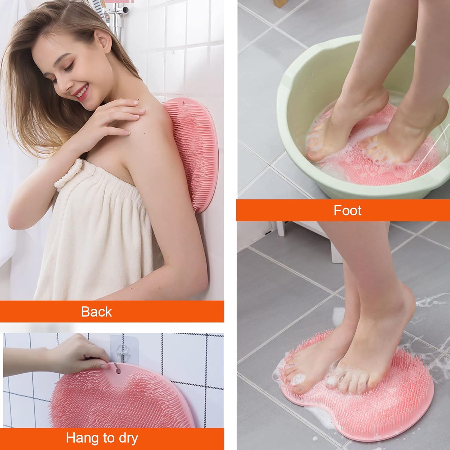2-pack shower back and foot scrubber, wall-mounted back scrubber silicone bath massage brush with suction cups