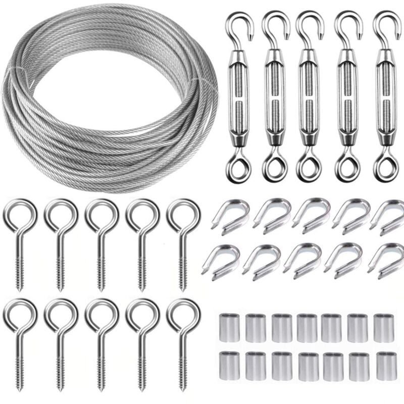 30M/2mm Stainless Steel Wire Kit with M5 Tensioner for Plants, Clothesline, Railings