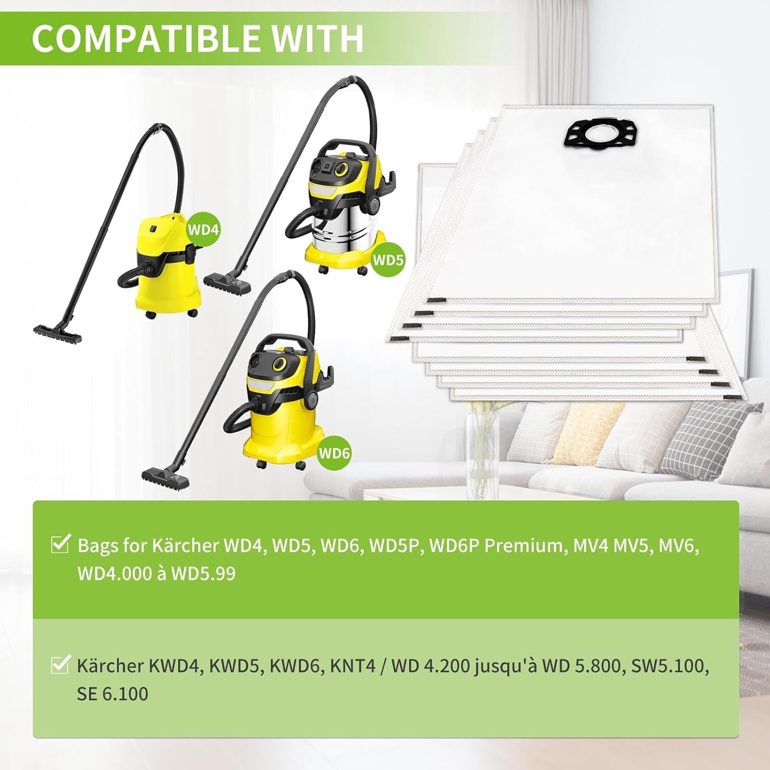 10 pcs vacuum cleaner bags compatible with Kärcher vacuum cleaners wd4 wd5 wd6 mv4 mv5 mv6
