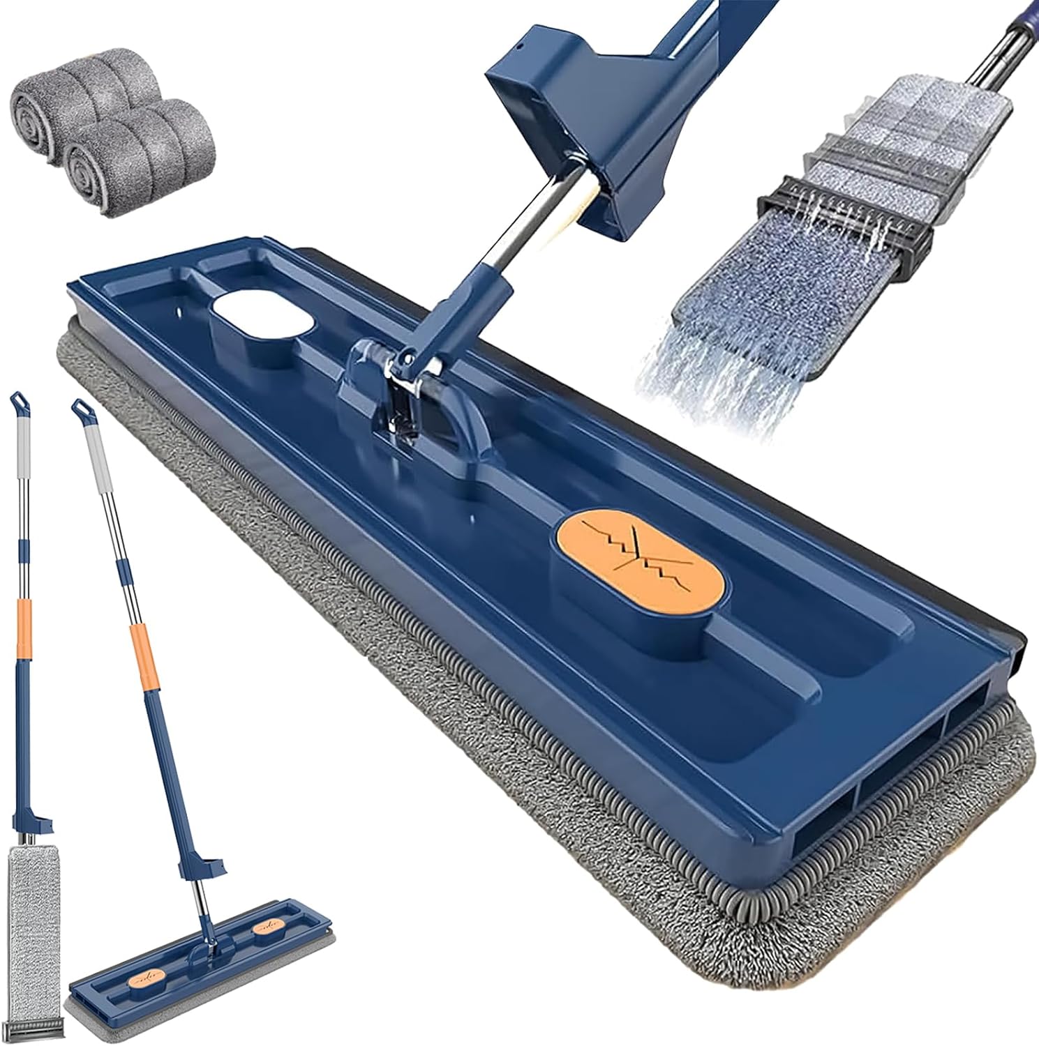 Large Flat Mop with 360° Rotatable Wringing Function, Microfiber Pads for Hardwood Blue + 2 rags
