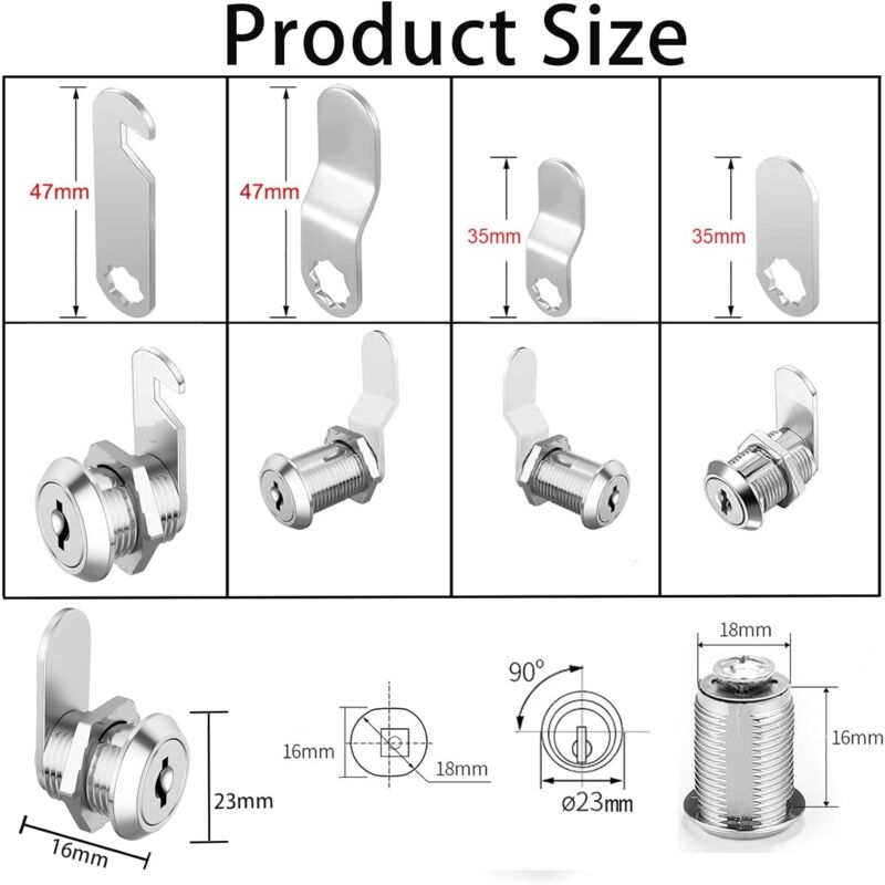 16mm Cylinder Security Lock for Mailbox with 5 Different Lock Plates and 2 Keys, Cabinet Lock, Cupboard, Toolbox, File Cabinet
