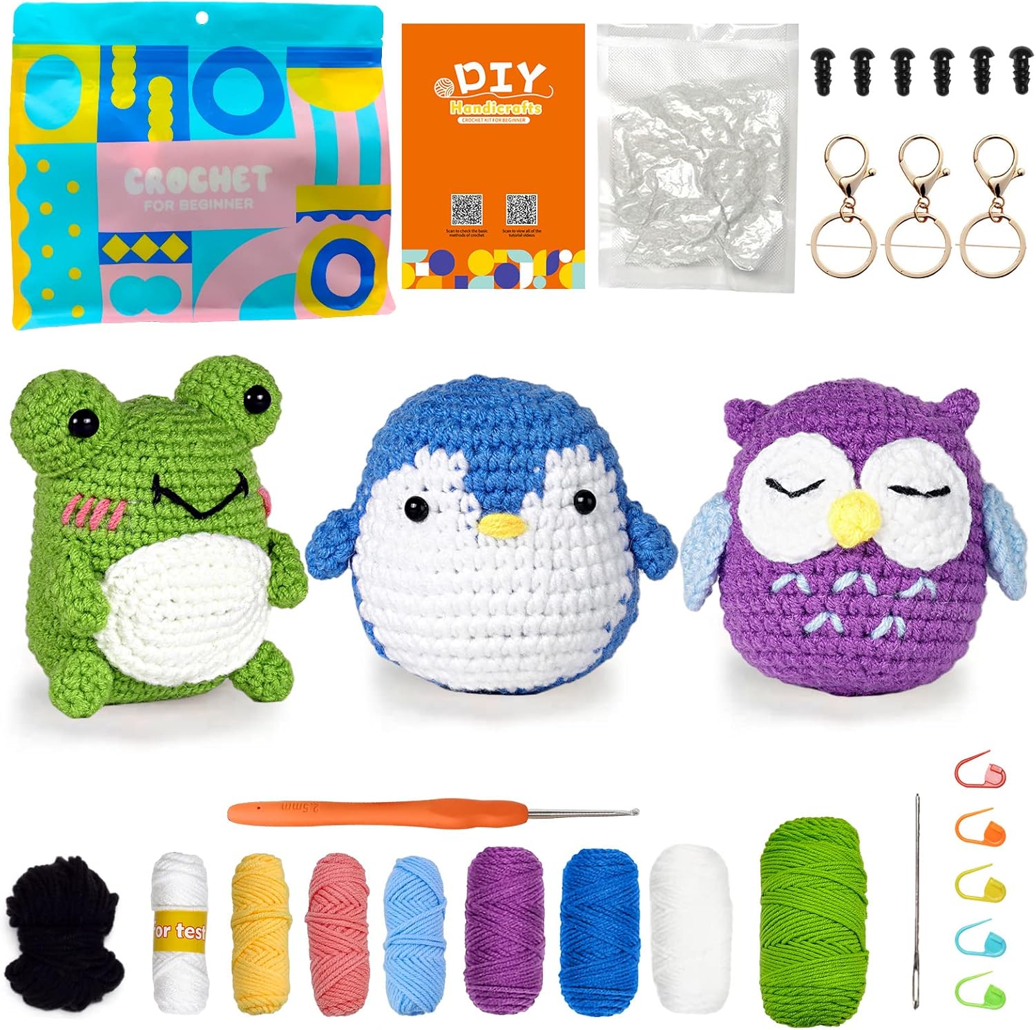 Crochet Kit for Beginners, 3 Pattern Animals - Owl, Penguin, Frog, Knitting Kit for Kids with Step-by-Step Video Tutorial and Yarn, Crochet Hook, Accessories