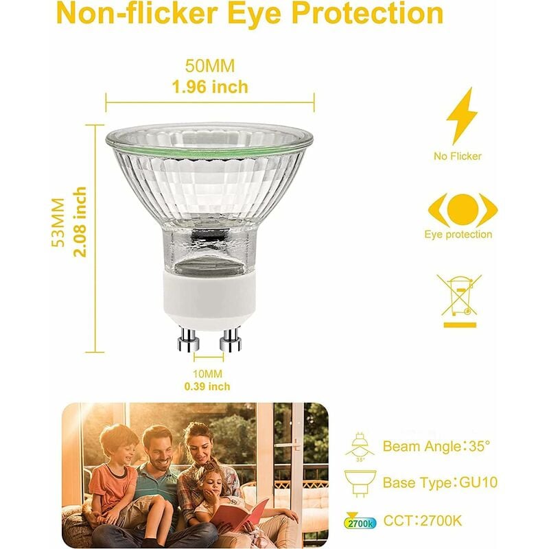 GU10 50W Incandescent Bulbs, GU10 Halogen Bulbs, AC 220V 50W Spot Light, GU10 Halogen 2-Pin Halogen Bulbs 35° Beam Angle 2700K, 6-pack