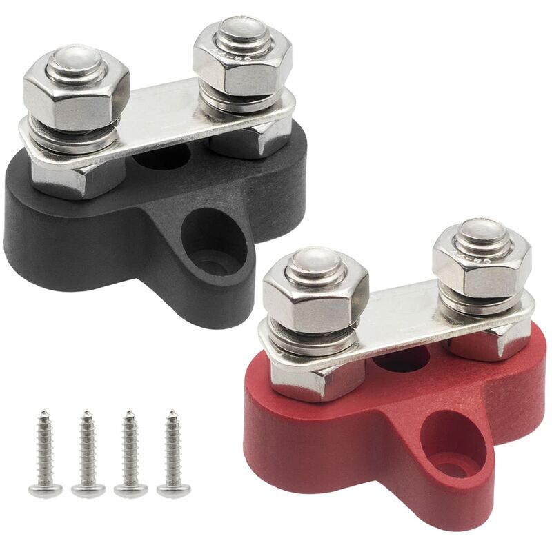 Busbar Terminal Block Battery Power Ground Terminal Block M8 Dual Pins 5/16\" Heavy Duty Terminals for Boat, RV and Solar Trucks - Black & Red