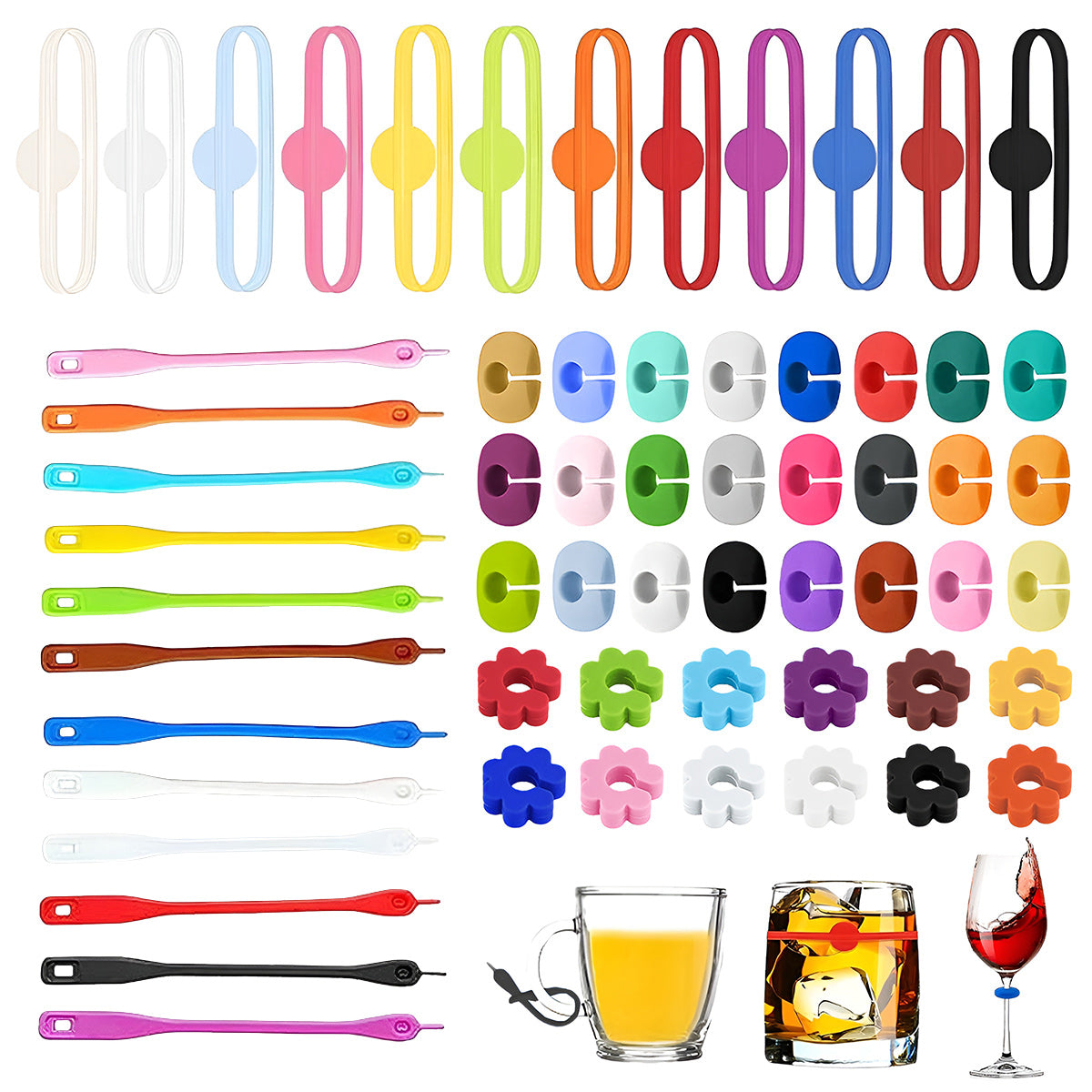 60 pcs glass markers, silicone glass marker drinking glass colorful wine glass markers reusable wine glass markers wine marker