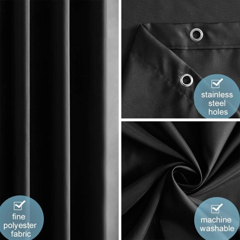 Black Shower Curtain Anti-Mildew, Washable Polyester Fabric, Waterproof Bathroom Curtain with Hooks - 100x180cm (WxH)