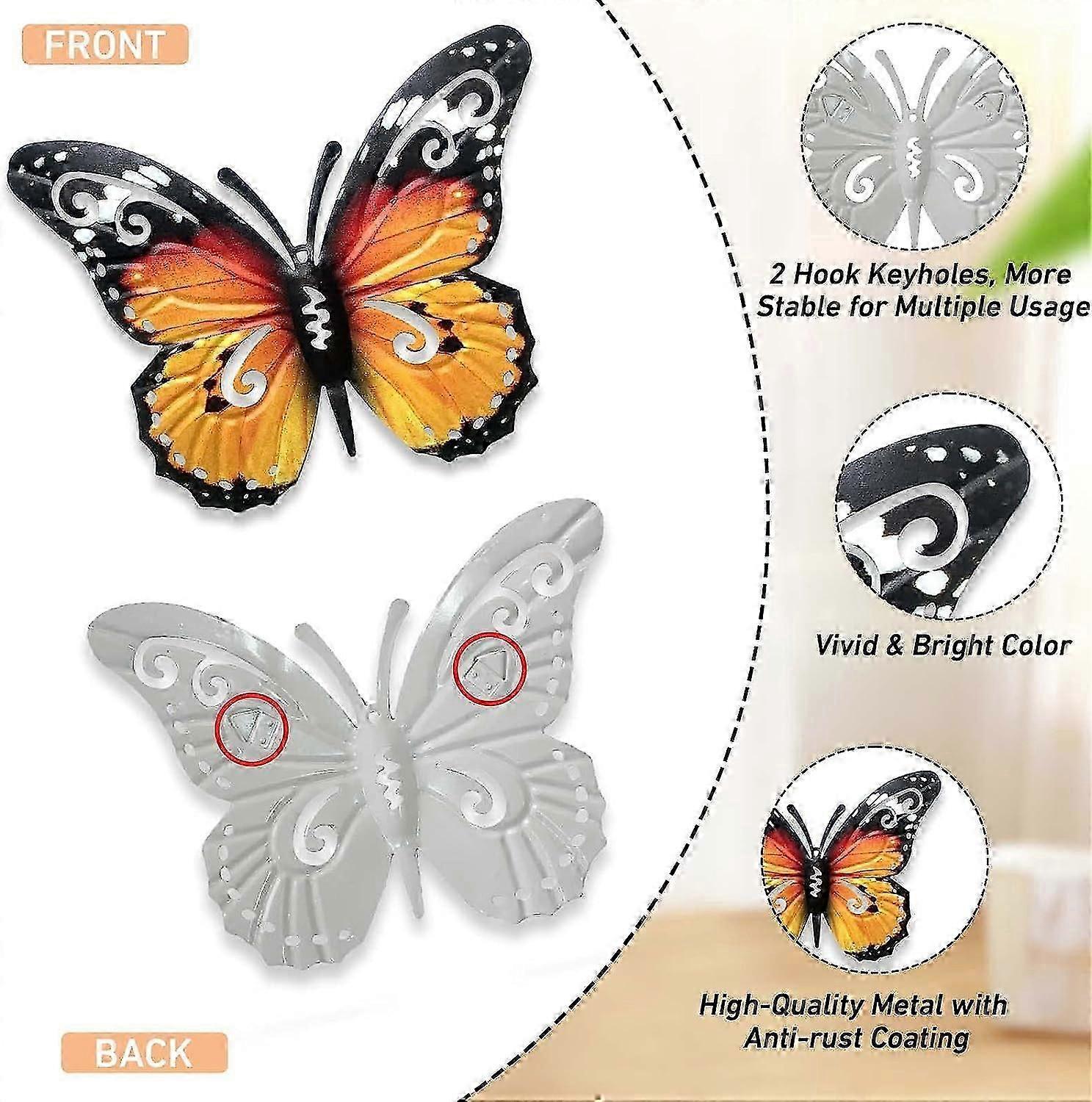 10.6\" Metal Butterfly Wall Decor, Butterflies Indoor Outdoor Hanging Wall Art for Patio Garden Yard Fence Home Living Room