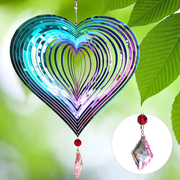 Metal wind chime, hanging garden decoration, stainless steel, heart pattern, spin with 360° rotating hook, 37x20 cm