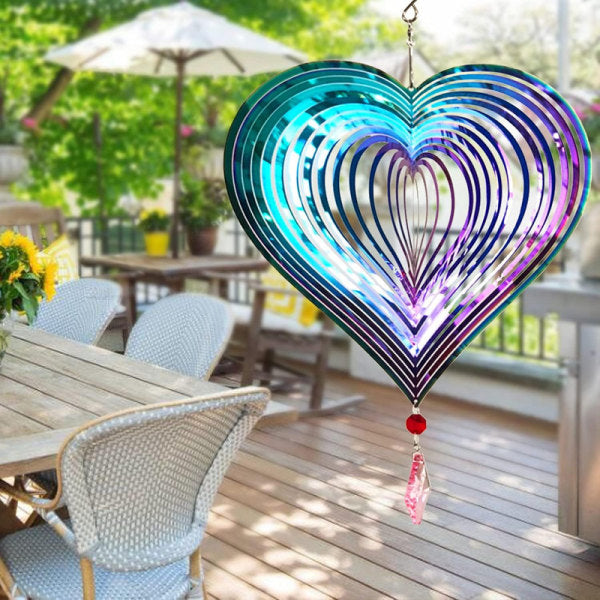 Metal wind chime, hanging garden decoration, stainless steel, heart pattern, spin with 360° rotating hook, 37x20 cm