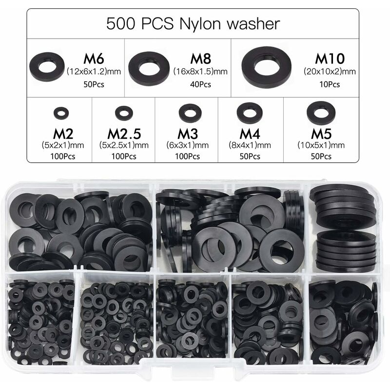 500pcs Black Plastic Washers Lock Washers Fasteners, Self-Locking Washer Assortment Mechanical Washer M2.5 M3 M4 M5 M6 M8 M10