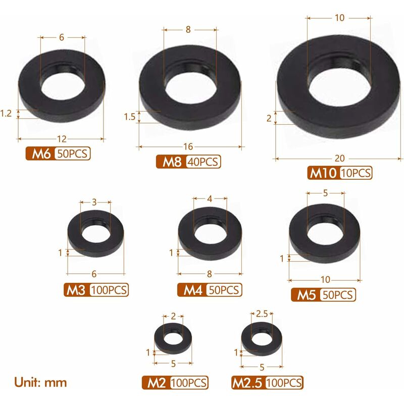 500pcs Black Plastic Washers Lock Washers Fasteners, Self-Locking Washer Assortment Mechanical Washer M2.5 M3 M4 M5 M6 M8 M10