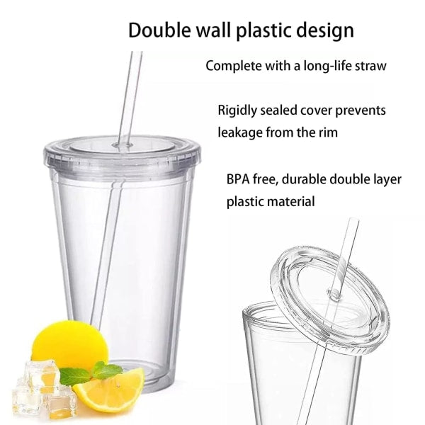 Reusable Plastic Cups Double Walled Transparent Drinking Cup with Straw Reusable Cups Suitable for Fruit Juice-max