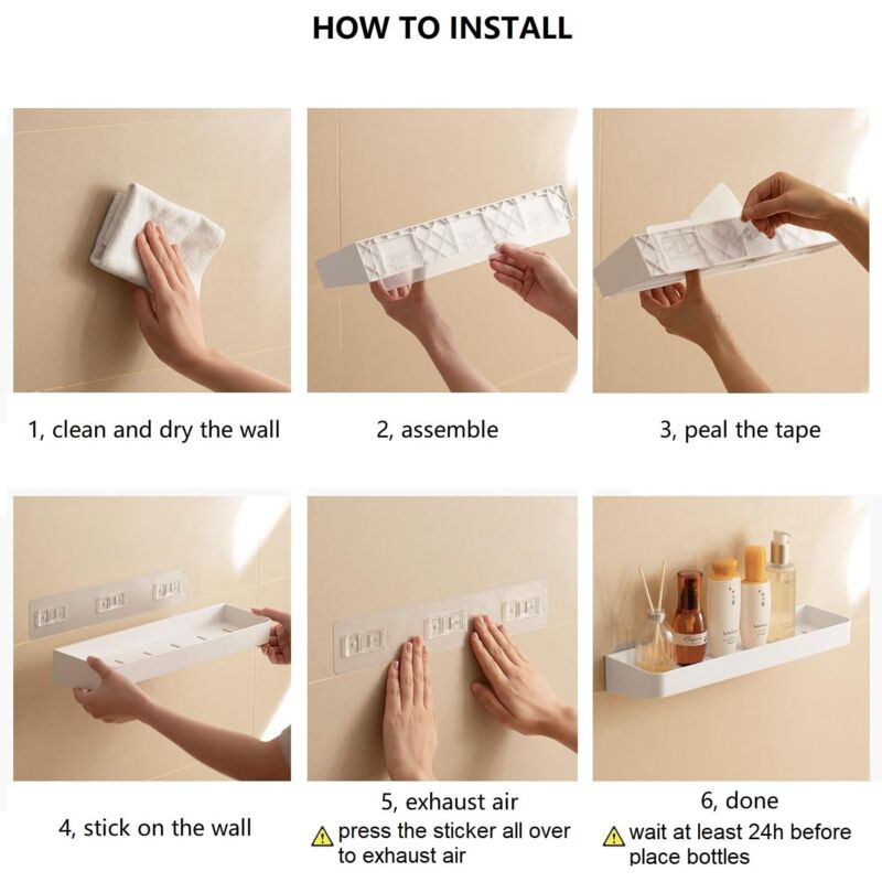 Set of 2 shower shelves, shower shelf without drilling, wall shelf with 6 removable hooks, for bathroom, kitchen, white