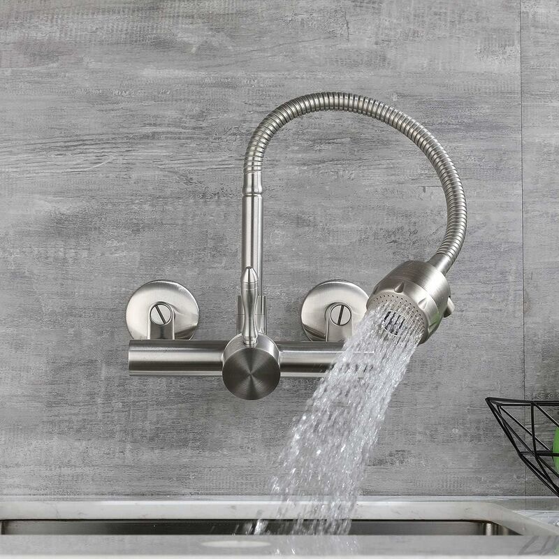 Wall Mounted Kitchen Faucet, Food Grade 304 Stainless Steel Material, 360° Rotatable Wall Mounted Kitchen Faucet 12CM-18CM Mounting Hole