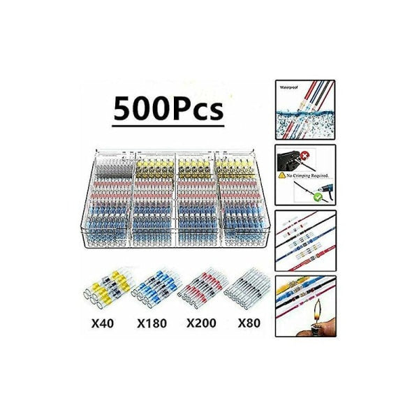 500pcs Electrical Cable Lugs Solder Heat Shrink Tubing, Maidodo Heat Shrink Tubing Solder Butt Joint Insulated Electrical Contacts Waterproof Marine Automotive